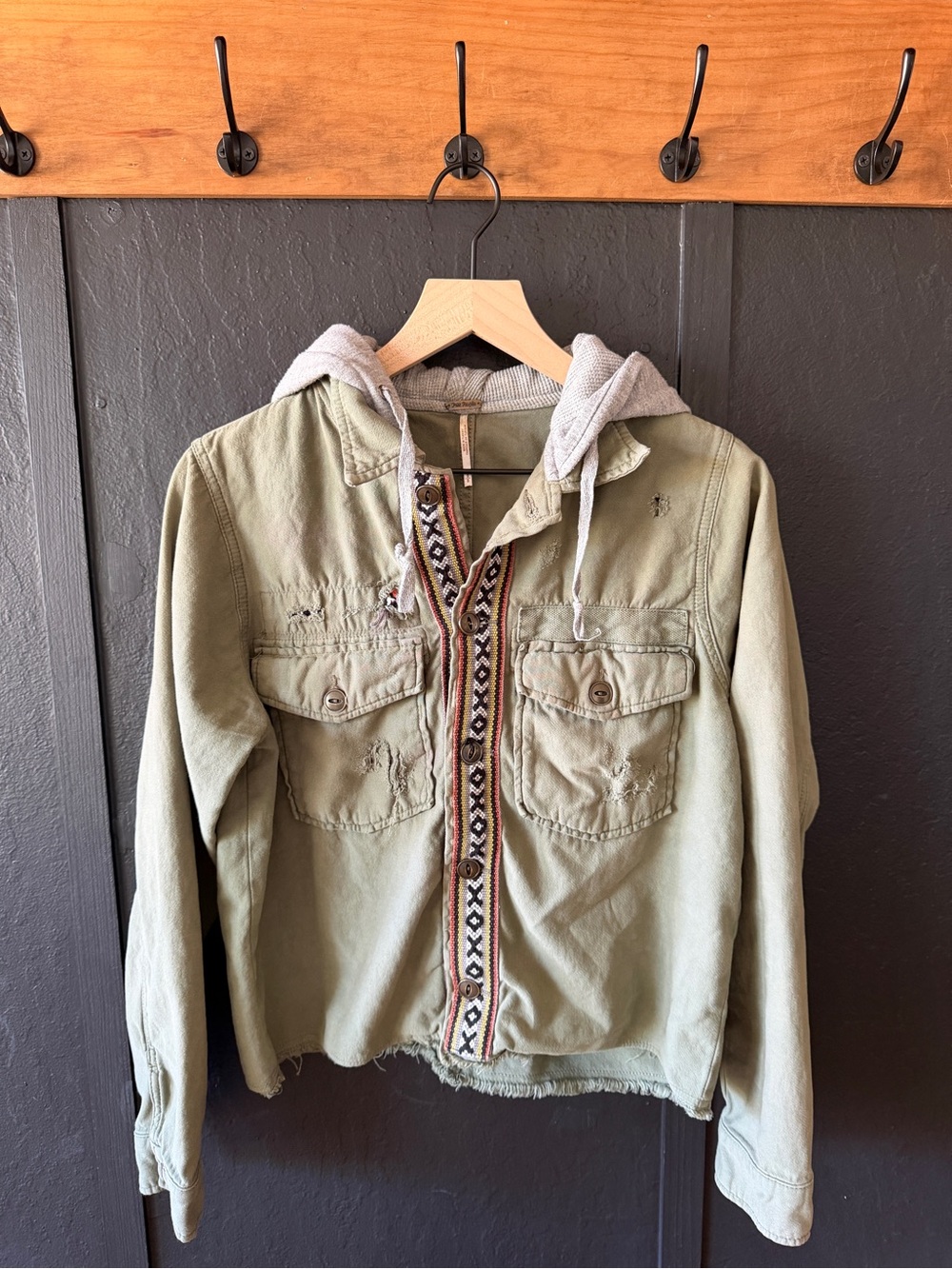 Free People Olive Green Distressed Embroidered Hooded Jacket